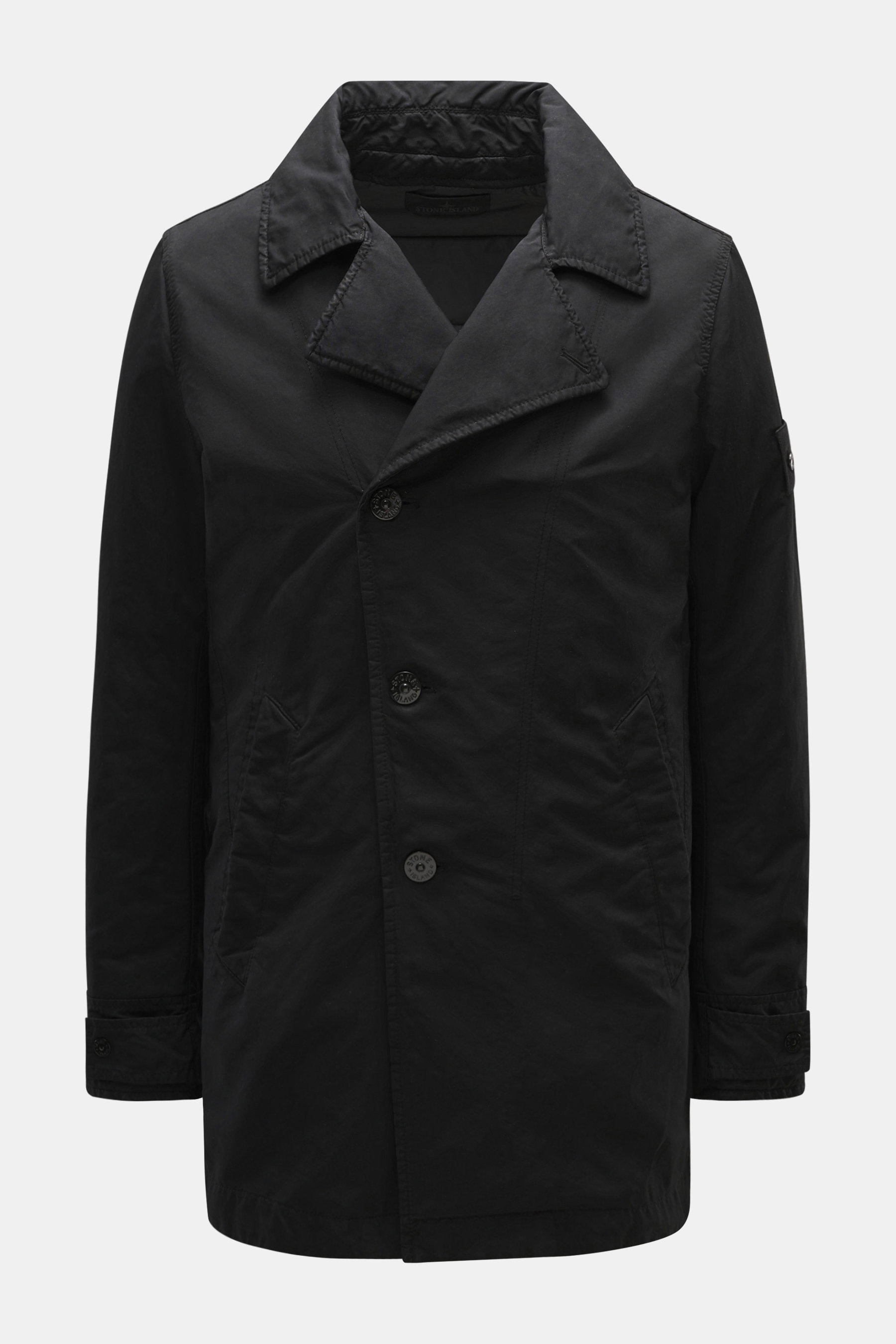 Stone Island Jacke 'David-TC Ghost Piece' schwarz, frontale Nahaufnahme, Slim Fit, Microfaser, Anti-Drop-Finish, wasser- und windabweisend, tonales Kompass-Badge am Ärmel.