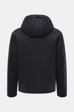 Rückansicht der Stone Island Jacke 'Panno Ghost Piece' navy aus Wolle und Microfaser, Slim Fit mit Kapuze, Druckknöpfen und Kompass-Badge.