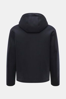 Rückansicht der Stone Island Jacke 'Panno Ghost Piece' navy aus Wolle und Microfaser, Slim Fit mit Kapuze, Druckknöpfen und Kompass-Badge.