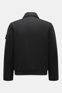 Back view of Stone Island Blouson 'Wool Nylon Flannel Ghost Piece' black, slim fit with turn-down collar, six-button placket, tonal badge, buttoned cuffs, quilted lining, inside pocket, made from a mix of virgin wool and microfiber with a soft feel.
