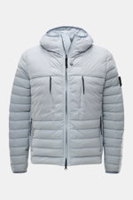 Front view of Stone Island Daunenjacke 'Seamless Tunnel Nylon Down-TC' rauchblau with hood, zipper, and pockets, made of high-quality microfiber.