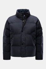 Stone Island Down jacket 'Garment Dyed Crinkle Reps NY' dark navy shown from front, lightweight with windproof, water-repellent fabric, high collar, two-way zip, snap button storm flap, slanted hip pockets, signature compass badge, adjustable hem, warm do