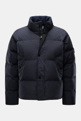 Stone Island Down jacket 'Garment Dyed Crinkle Reps NY' dark navy shown from front, lightweight with windproof, water-repellent fabric, high collar, two-way zip, snap button storm flap, slanted hip pockets, signature compass badge, adjustable hem, warm do