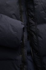 Close-up front view of Stone Island Down jacket 'Garment Dyed Crinkle Reps NY' dark navy, showing innovative coated crinkle microfiber, lightweight, wind and water repellent fabric, with robust two-way zip and snap buttons, featuring warm down lining, gar