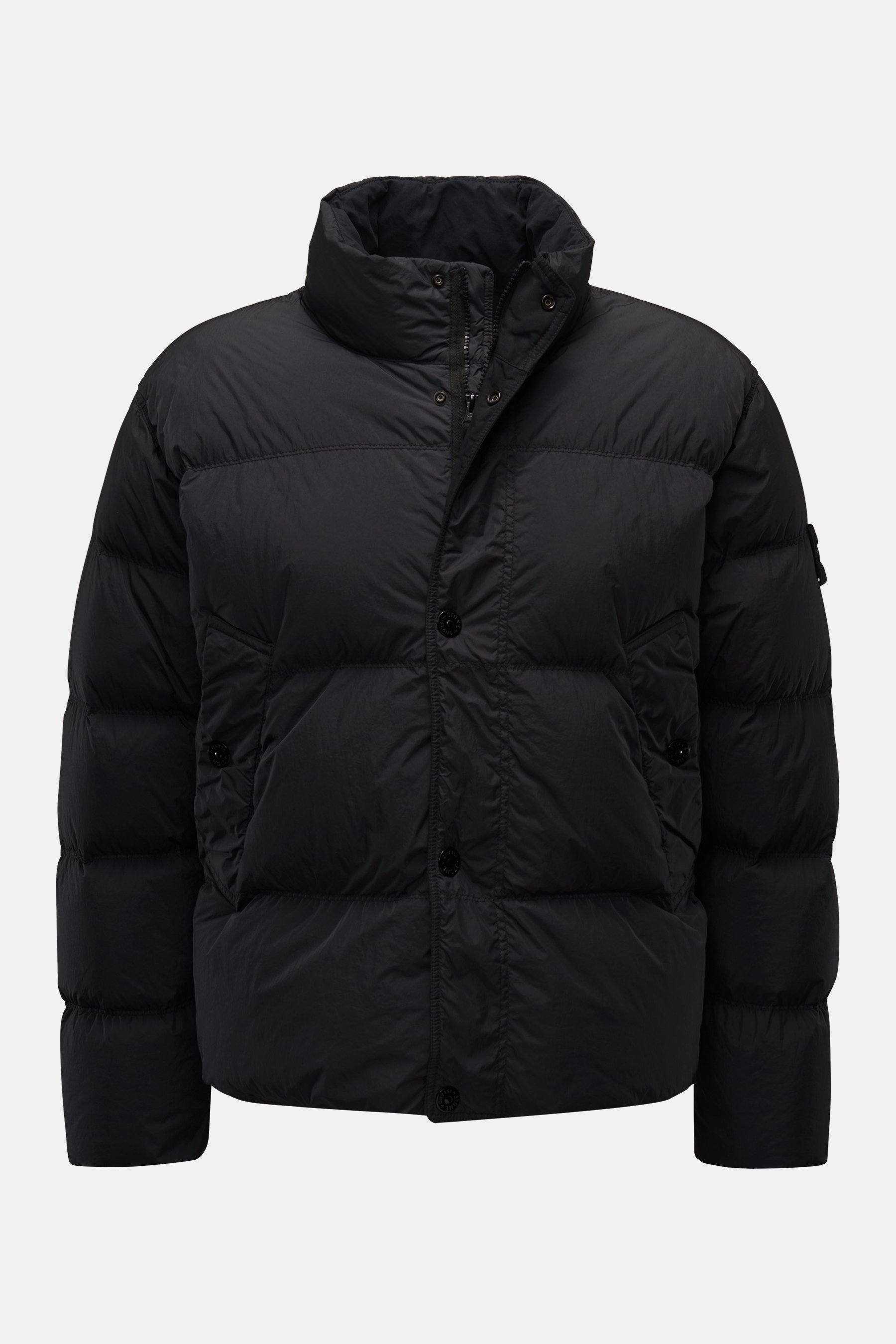 Front view of Stone Island Down jacket 'Garment Dyed Crinkle Reps NY' black, featuring a high-closing standing collar, garment-dyed crinkle look, lightweight robust microfibre fabric, wind and water repellent, warm down lining, regular fit, two-way zip wi