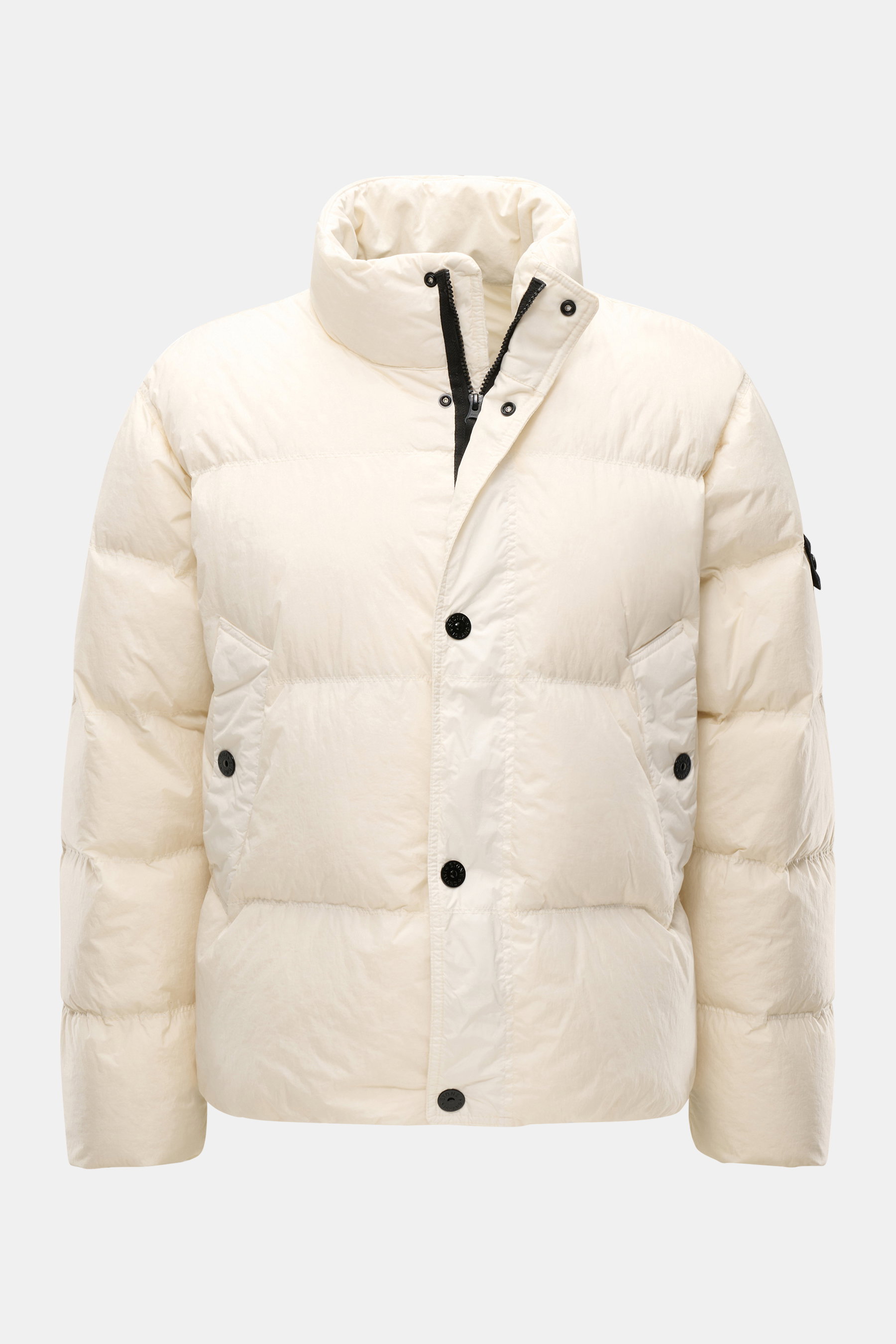 Stone Island Down jacket 'Garment Dyed Crinkle Reps NY' cream shown from front, featuring high-quality microfibre, garment-dyed crinkle look, wind and water repellent, warm down lining, regular fit, two-way zip, storm flap with snap buttons, standing coll