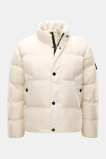 Stone Island Down jacket 'Garment Dyed Crinkle Reps NY' cream shown from front, featuring high-quality microfibre, garment-dyed crinkle look, wind and water repellent, warm down lining, regular fit, two-way zip, storm flap with snap buttons, standing coll