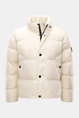 Stone Island Down jacket 'Garment Dyed Crinkle Reps NY' cream shown from front, featuring high-quality microfibre, garment-dyed crinkle look, wind and water repellent, warm down lining, regular fit, two-way zip, storm flap with snap buttons, standing coll