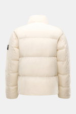 Stone Island Down jacket 'Garment Dyed Crinkle Reps NY' cream shown from the back, featuring a high-closing collar, garment-dyed crinkle microfiber, warm down lining, and signature compass badge on sleeve.