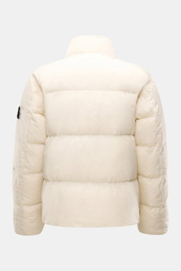 Stone Island Down jacket 'Garment Dyed Crinkle Reps NY' cream shown from the back, featuring a high-closing collar, garment-dyed crinkle microfiber, warm down lining, and signature compass badge on sleeve.