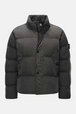 Stone Island Down jacket 'Garment Dyed Crinkle Reps NY' grey green shown from a front view, featuring lightweight, wind and water repellent microfibre with a warm down lining and signature compass badge. Innovative coated material in a garment-dyed crinkl