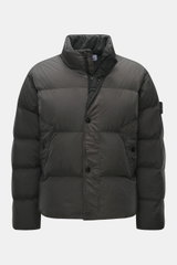 Stone Island Down jacket 'Garment Dyed Crinkle Reps NY' grey green shown from a front view, featuring lightweight, wind and water repellent microfibre with a warm down lining and signature compass badge. Innovative coated material in a garment-dyed crinkl