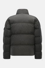 Stone Island Down jacket 'Garment Dyed Crinkle Reps NY' grey green shown from the back, featuring lightweight crinkle microfibre, warm down lining, wind and water repellent fabric, garment-dyed regular fit with high collar and signature badge.