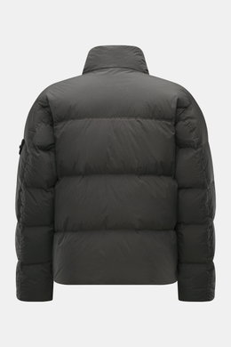 Stone Island Down jacket 'Garment Dyed Crinkle Reps NY' grey green shown from the back, featuring lightweight crinkle microfibre, warm down lining, wind and water repellent fabric, garment-dyed regular fit with high collar and signature badge.