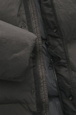 Close-up front view of Stone Island Down jacket 'Garment Dyed Crinkle Reps NY' grey green showing innovative coated microfibre, zippers, snap buttons, and warm down lining.