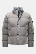Stone Island Down jacket 'Garment Dyed Crinkle Reps NY' grey shown from the front, high collar, buttons, and slanted pockets visible; innovative coated material, garment-dyed crinkle look, lightweight, wind and water repellent, warm down lining, regular f
