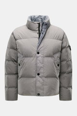 Stone Island Down jacket 'Garment Dyed Crinkle Reps NY' grey shown from the front, high collar, buttons, and slanted pockets visible; innovative coated material, garment-dyed crinkle look, lightweight, wind and water repellent, warm down lining, regular f