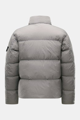 Stone Island Down jacket 'Garment Dyed Crinkle Reps NY' grey shown from the back, featuring innovative coated material, lightweight microfibre, warm down lining, wind and water repellent, regular fit, two-way zip, snap button storm flap, standing collar, 