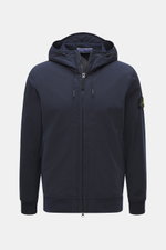 Front view of the Stone Island Softshell Blouson 'Light Soft Shell-R e.dye Technology' navy jacket with hood, zipper, and compass badge on sleeve, featuring elastic microfiber, smooth feel, wind- and water-repellent, breathable, slim fit, robust two-way z