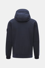 Rear view of Stone Island Softshell Blouson 'Light Soft Shell-R e.dye Technology' navy jacket with hood, slim fit, and ribbed cuffs.

Description: Whether for sporting activities or as a casual all-rounder, you can always rely on the wind- and water-repel