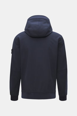 Rear view of Stone Island Softshell Blouson 'Light Soft Shell-R e.dye Technology' navy jacket with hood, slim fit, and ribbed cuffs.

Description: Whether for sporting activities or as a casual all-rounder, you can always rely on the wind- and water-repel