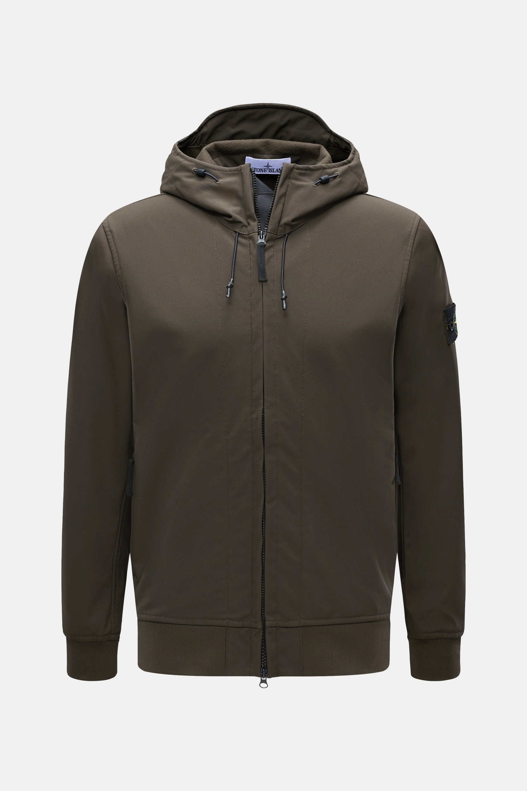 Front view of the Stone Island Softshell Blouson 'Light Soft Shell-R e.dye Technology' grey brown jacket, featuring a hood with drawstring, high stand-up collar, compass badge on sleeve, two-way zipper, slanted zippered hip pockets, ribbed cuffs, breathab