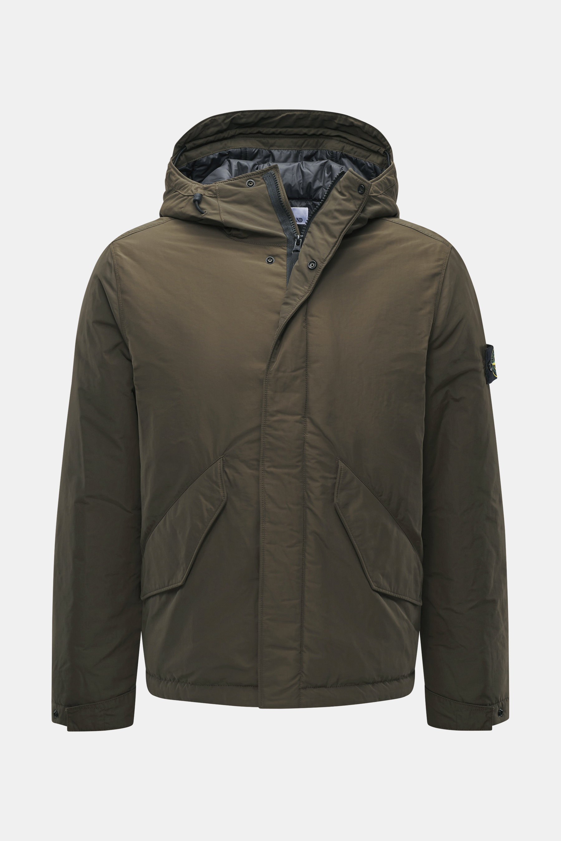 Front view of Stone Island Jacket 'Micro Reps' khaki, slim fit with poplin microfiber, soft touch, two-way zipper, wind flap with buttons, padded hood, slanted flap pockets, sleeve cuffs with button, compass badge, quilted lining, Primaloft padding, and o