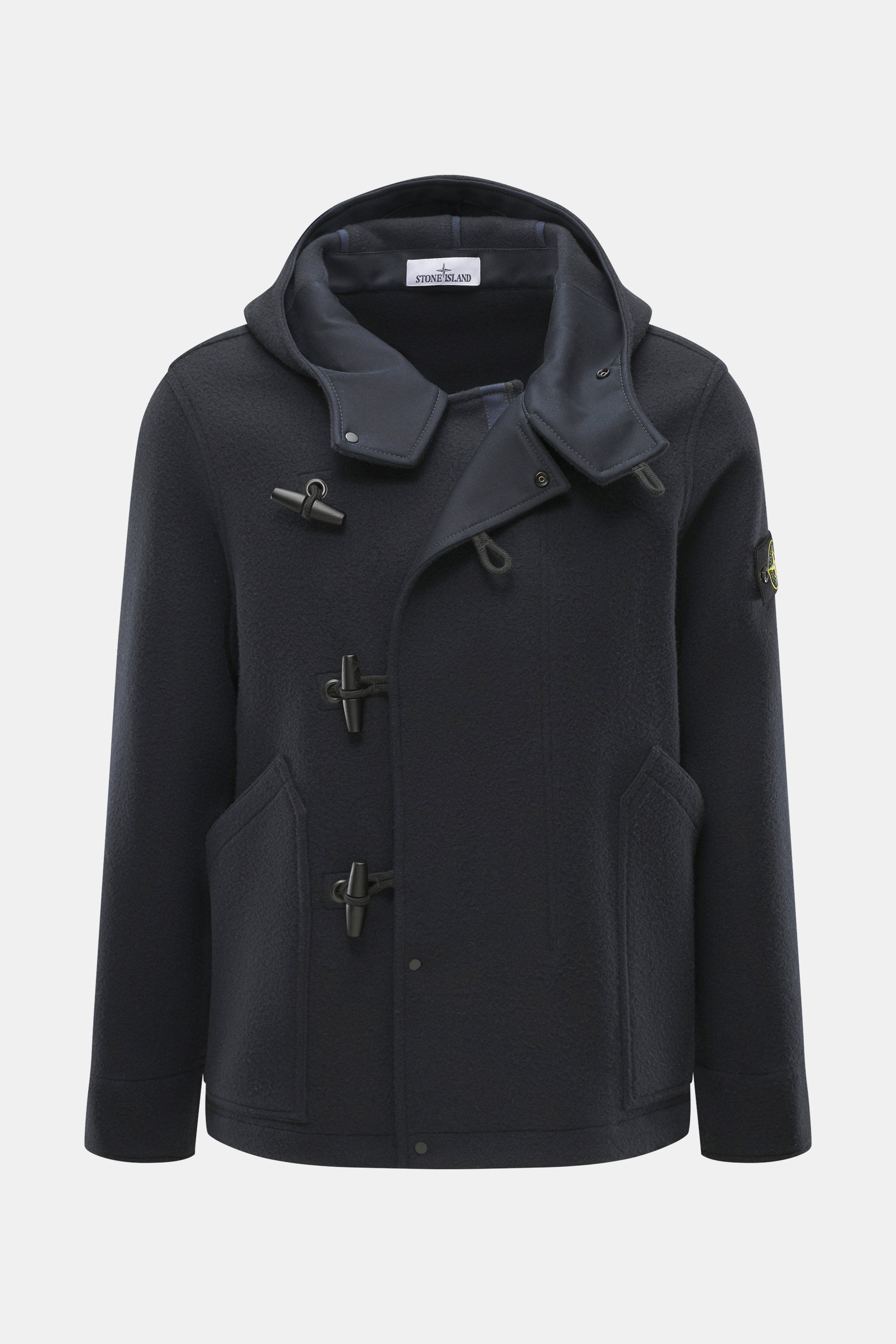 Stone Island Jacke 'Heavy Melton' navy im Dufflecoat-Stil, vorne aus Wolle-Kaschmir, mit Kapuze, Knebelknöpfen, Kompass-Badge, Frontansicht.