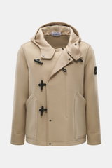 Stone Island Jacke 'Heavy Melton' beige im Dufflecoat-Stil, aus Wolle und Kaschmir, Regular Fit, mit Kapuze, Knebelknöpfen und Kompass-Badge, Frontalansicht.