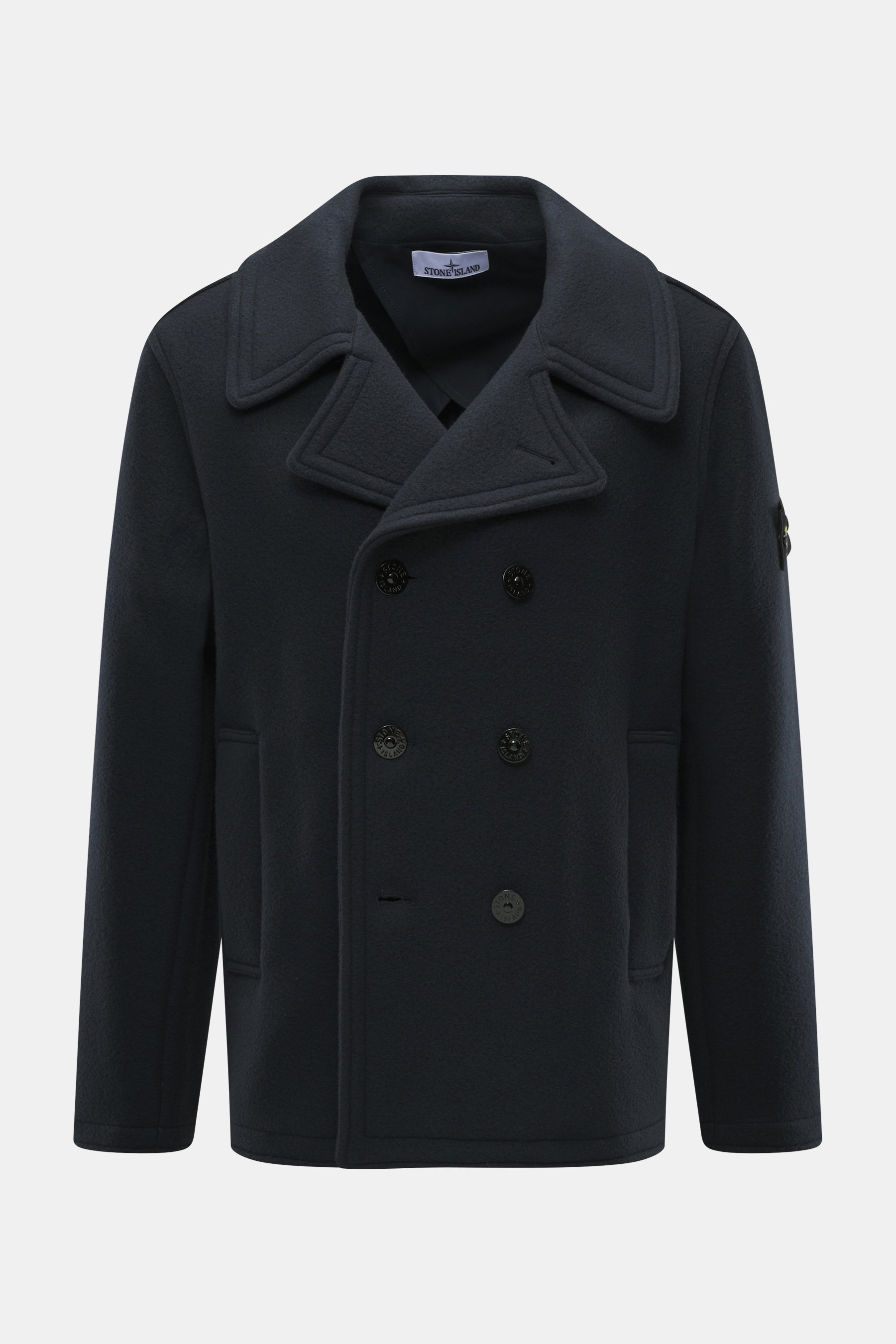 Stone Island Pea Coat Navy front view, slim fit, double-breasted, virgin wool/cashmere blend, wide adjustable lapel collar. 

<p>This pea coat by STONE ISLAND features a felted surface made of fine virgin wool with a cashmere blend, making it a stylish co