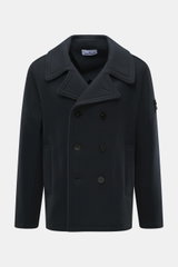 Stone Island Pea Coat Navy front view, slim fit, double-breasted, virgin wool/cashmere blend, wide adjustable lapel collar. 

<p>This pea coat by STONE ISLAND features a felted surface made of fine virgin wool with a cashmere blend, making it a stylish co