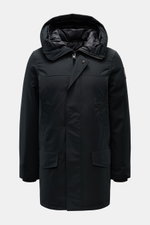 Canada Goose Daunenparka 'Langford' schwarz in Frontansicht, urbaner Stil, Arctic-Tech, Daunenfüllung, Windblende, Kapuze, Taschen, Rucksackriemen.