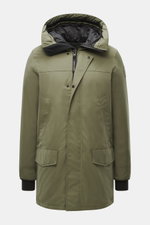 Front view of the Canada Goose Down parka 'Langford' grey green, featuring Arctic-Tech material, warm down lining, two-way zip, storm flap with snap buttons, high collar with hood, rucksack straps, hand-warmer and hip pockets, tonal sleeve label, windbrea