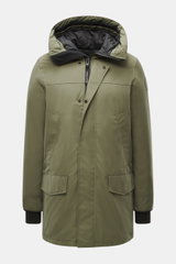 Front view of the Canada Goose Down parka 'Langford' grey green, featuring Arctic-Tech material, warm down lining, two-way zip, storm flap with snap buttons, high collar with hood, rucksack straps, hand-warmer and hip pockets, tonal sleeve label, windbrea
