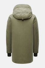 Canada Goose Down parka 'Langford' grey green shown from the back, featuring a high-closing hood, Arctic-Tech material, warm down lining, regular fit, two-way zip, storm flap with snap buttons, internal rucksack straps, hand-warmer waist pockets, hip pock