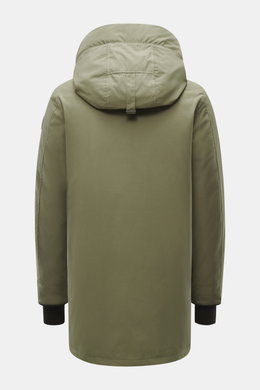 Canada Goose Down parka 'Langford' grey green shown from the back, featuring a high-closing hood, Arctic-Tech material, warm down lining, regular fit, two-way zip, storm flap with snap buttons, internal rucksack straps, hand-warmer waist pockets, hip pock