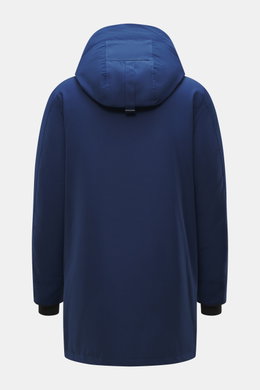 Back view of the Canada Goose Down parka 'Langford' dark blue, featuring a hood and smooth Arctic-Tech material for urban style and extreme weather protection.