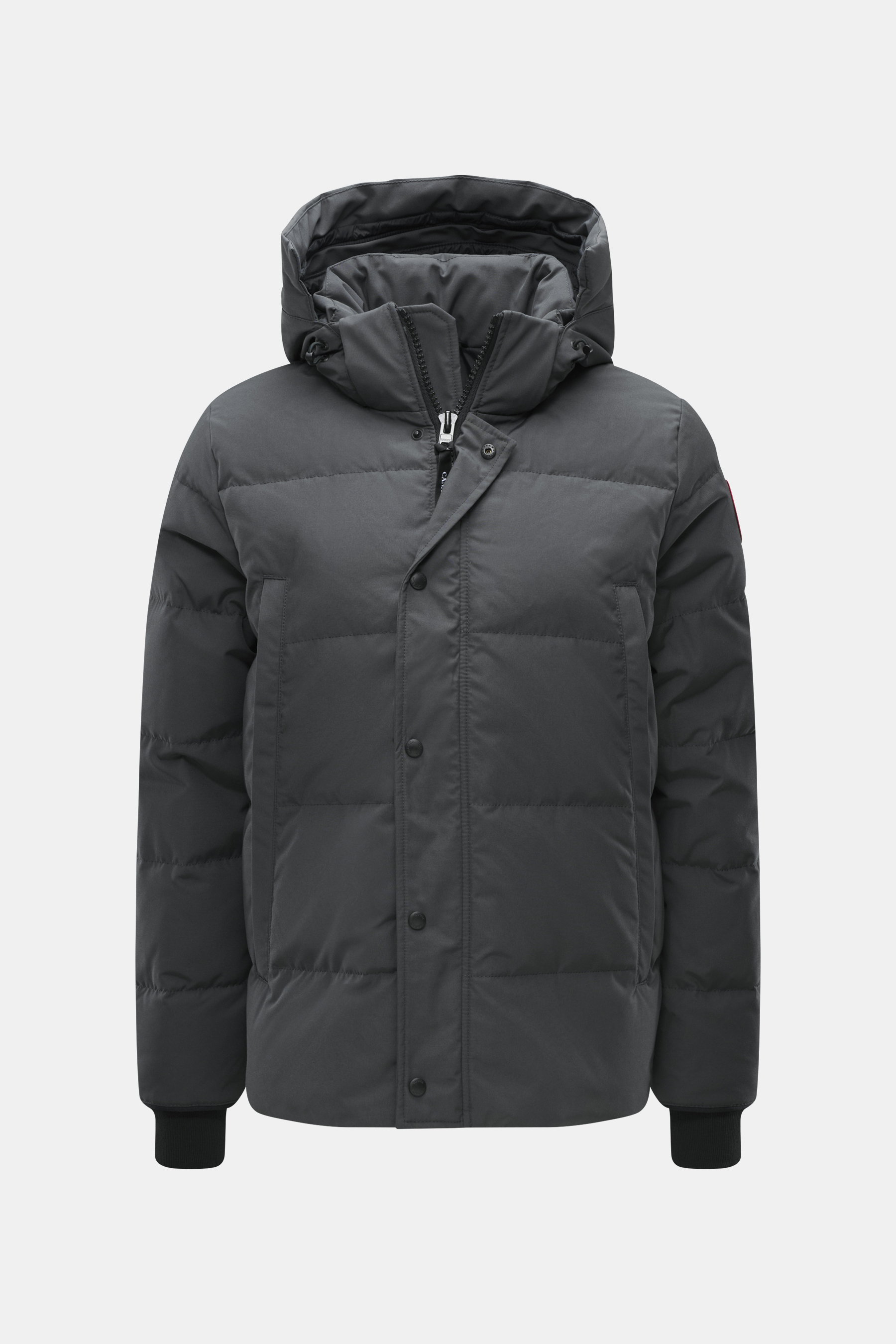 Canada Goose Daunenjacke 'Wyndham' dunkelgrau, Frontansicht, Slim Fit, Microfaser-Baumwoll-Mix, wasserabweisend, Daunenfüllung, Kapuze, Windblende, Leistentaschen, Weblabel, Windschutzbündchen, Futterstoff, Innentaschen, Rucksackträger.