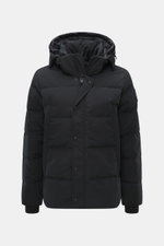 Front view of Canada Goose Down jacket 'Wyndham' black, mix of high-quality microfiber and cotton, smooth feel, warm down filling, slim fit, high-closing two-way zipper, wind flap with snap buttons, padded hood with drawstring, four welt pockets with zipp
