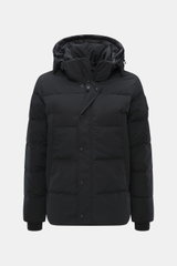 Front view of Canada Goose Down jacket 'Wyndham' black, mix of high-quality microfiber and cotton, smooth feel, warm down filling, slim fit, high-closing two-way zipper, wind flap with snap buttons, padded hood with drawstring, four welt pockets with zipp