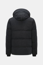 Canada Goose Down jacket 'Wyndham' black shown from the back, featuring a padded hood with drawstring, slim fit, warm down filling, mix of high-quality microfiber and cotton, smooth feel, high-closing two-way zipper, wind flap with snap buttons, four welt