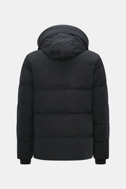 Canada Goose Down jacket 'Wyndham' black shown from the back, featuring a padded hood with drawstring, slim fit, warm down filling, mix of high-quality microfiber and cotton, smooth feel, high-closing two-way zipper, wind flap with snap buttons, four welt