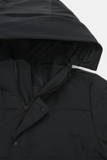 Close-up front-top view of Canada Goose Down jacket 'Wyndham' black, showing padded hood with drawstring, high-closing two-way zipper, wind flap with snap buttons, four welt pockets with zippers, tonal woven label on upper arm, comfortable windproof cuffs