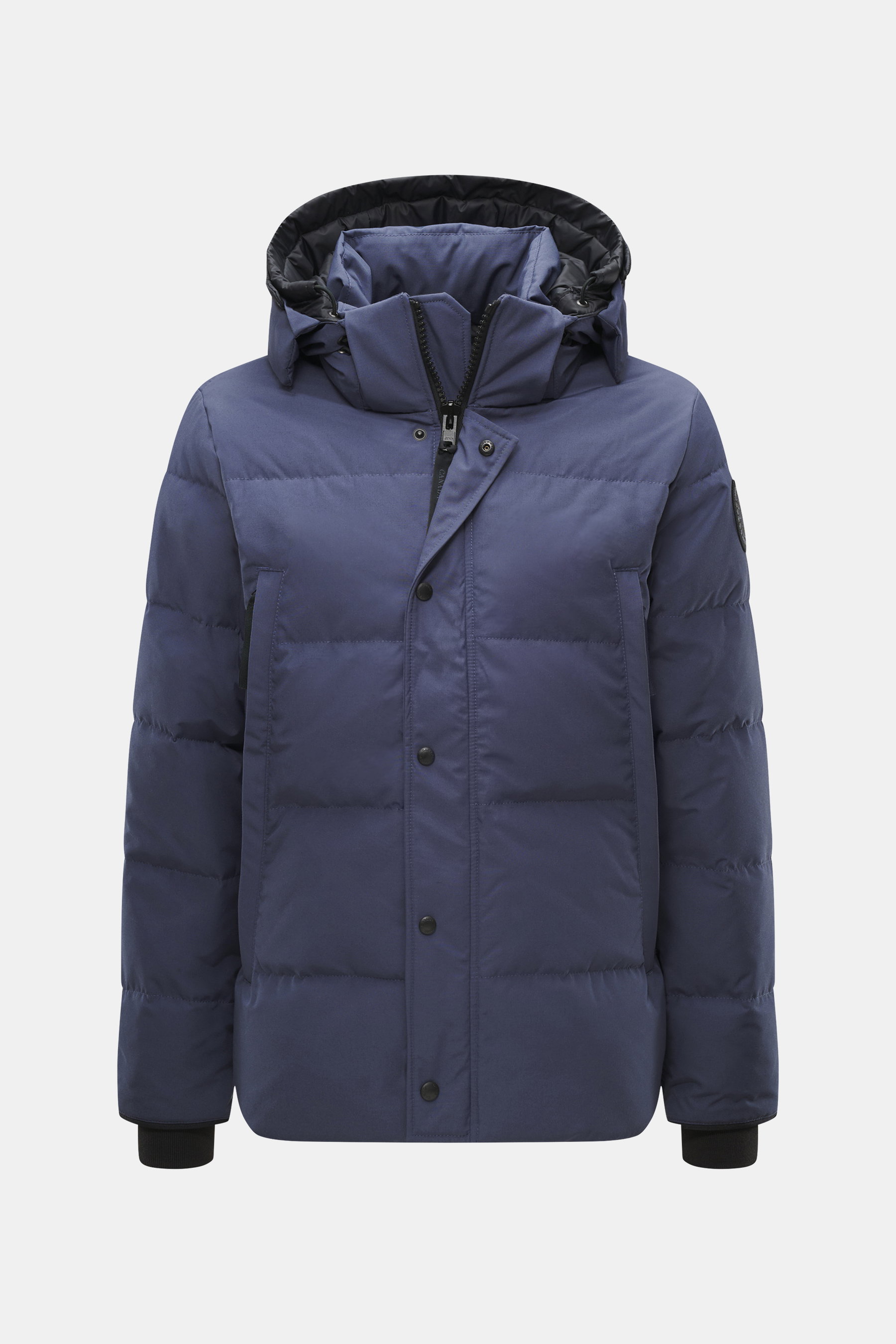 Front view of Canada Goose Down jacket 'Wyndham' grey blue, slim fit with mix of high-quality microfiber and cotton, smooth feel, warm down filling, high-closing two-way zipper, wind flap with snap buttons, padded hood with drawstring, four welt pockets w