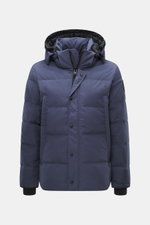 Front view of Canada Goose Down jacket 'Wyndham' grey blue, slim fit with mix of high-quality microfiber and cotton, smooth feel, warm down filling, high-closing two-way zipper, wind flap with snap buttons, padded hood with drawstring, four welt pockets w