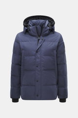 Front view of Canada Goose Down jacket 'Wyndham' grey blue, slim fit with mix of high-quality microfiber and cotton, smooth feel, warm down filling, high-closing two-way zipper, wind flap with snap buttons, padded hood with drawstring, four welt pockets w