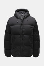 Front view of Canada Goose Down jacket 'Sterling' black with high-quality microfiber, smooth touch, water-repellent, warm down filling, oversized fit, high-closing two-way zipper, wind flap with snap buttons, quilted hood with drawstring, large welt pocke