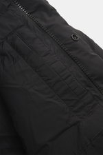 Close-up diagonal view of the Canada Goose Down jacket 'Sterling' black showcasing high-quality microfiber, smooth touch, water-repellent fabric, warm down filling, oversized fit, high-closing two-way zipper, and wind flap with snap buttons.