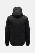 Rear view of Canada Goose Down jacket 'Lodge Hoody' black, showing padded hood and ripstop microfiber fabric, lightweight down lining, elasticated cuffs, and slightly elongated back, photographed from behind on a plain background. Maximum comfort in a lig