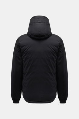 Rear view of Canada Goose Down jacket 'Lodge Hoody' black, showing padded hood and ripstop microfiber fabric, lightweight down lining, elasticated cuffs, and slightly elongated back, photographed from behind on a plain background. Maximum comfort in a lig